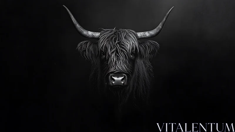 Highland cattle head rendered in monochrome on black field.