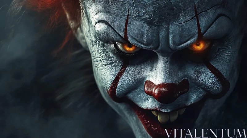 Close frontal view of sinister clown face in low light.