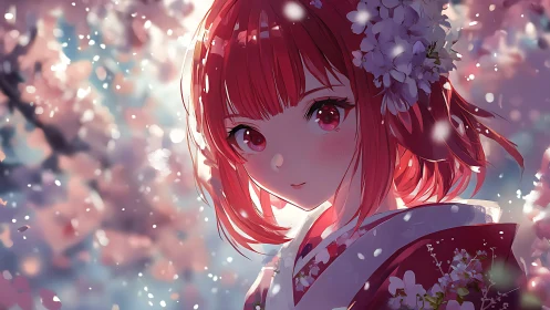 Blossom-lit girl in crimson kimono beneath drifting petals.