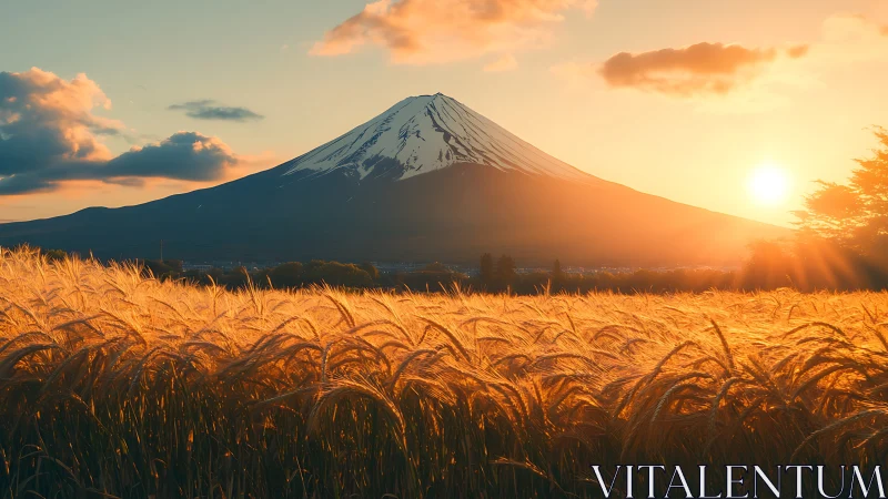 Sunlit wheat tides bow before a glowing Mount Fuji dusk.