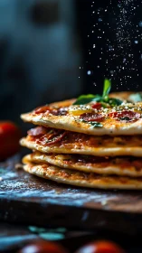 Stacked gourmet pizzas catch falling seasoning in focus