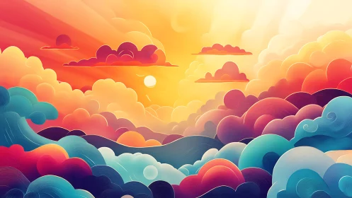 Layered chromatic cloudscape renders stylized sunset depth
