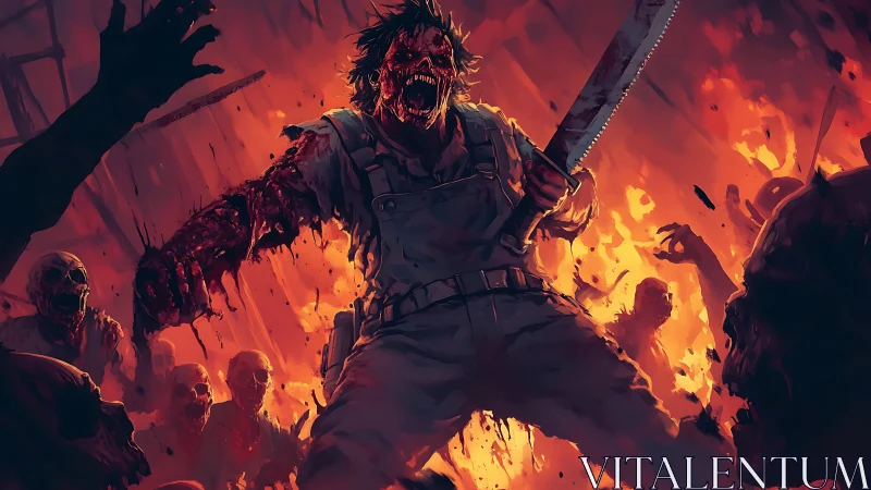 Chainsaw-wielding berserker amid infernal zombie onslaught.