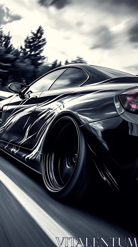 Midnight sports coupe slices through high-speed highway storm