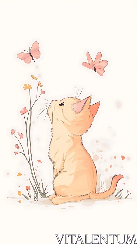 Feline observational study of butterflies in pastel field.