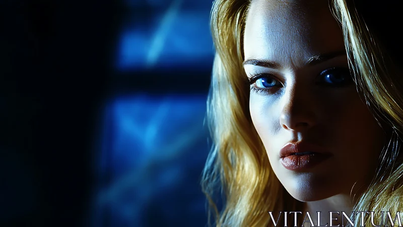 Close-up portrait of woman in blue low key studio lighting.