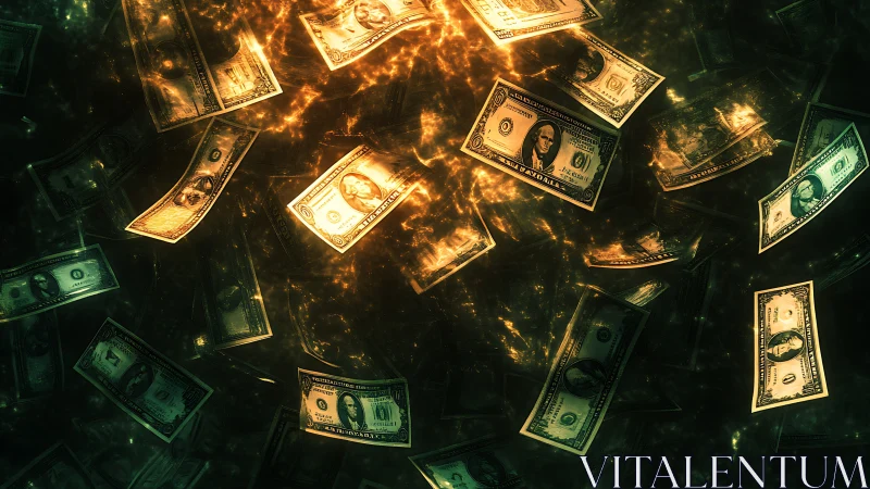 U.S. dollar banknotes suspended in dark illuminated space.