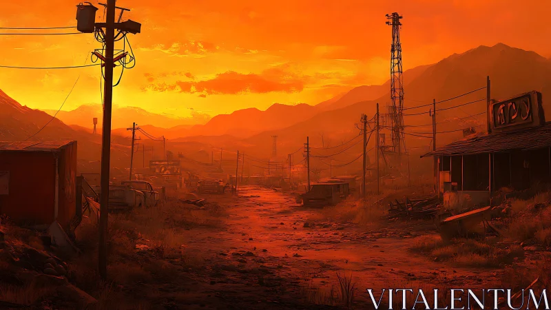 Deserted roadside settlement under intense orange sunset.