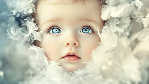 Digital portrait of pale infant with bright blue eyes surrounded by white feathers