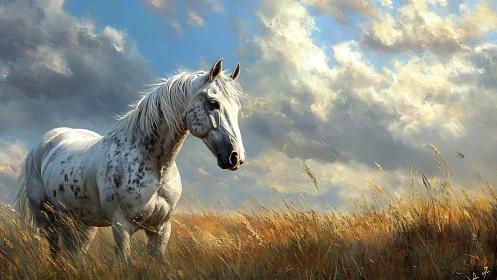 White horse stands in sunlit prairie beneath stormy sky.