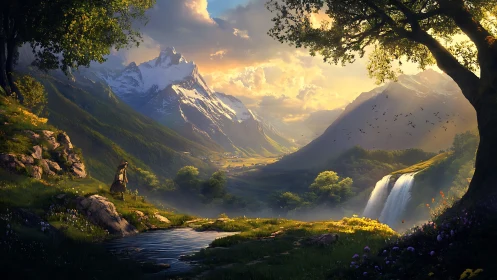 Solitary cloaked traveler surveys luminous alpine valley