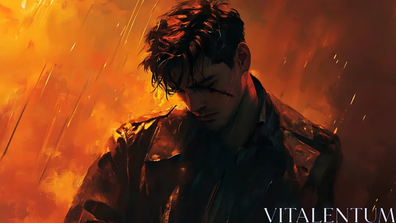 Scarred man in trench coat against blazing abstract backdrop