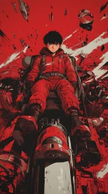 Youth pilot grips rocket seat amid violent red wreckage.