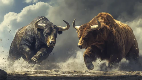 Two charging bulls collide in a hyper-realistic dust-filled arena