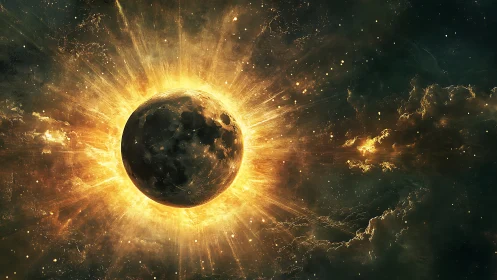 Lunar silhouette against stellar corona in deep space burst