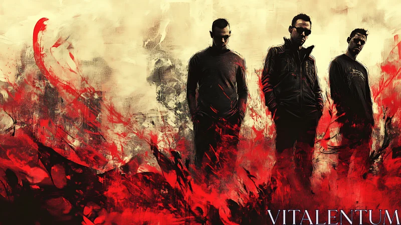 Three men in dark clothing amid abstract red swirls.