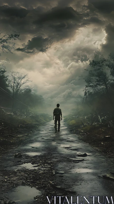 Lone wanderer walks a quiet road under stormy, brooding skies.