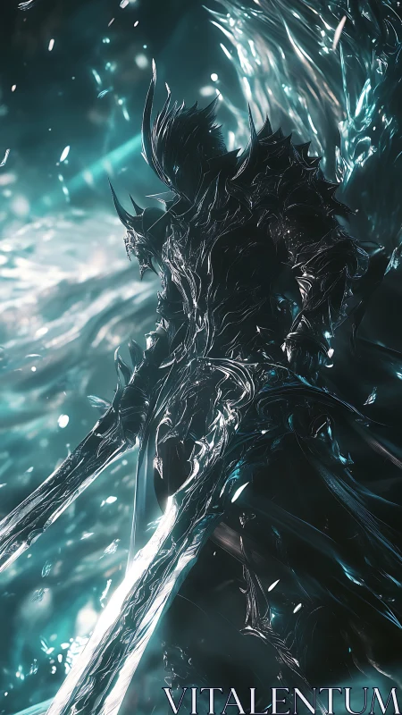 Chromed dark knight with dual blades in luminous stormfield