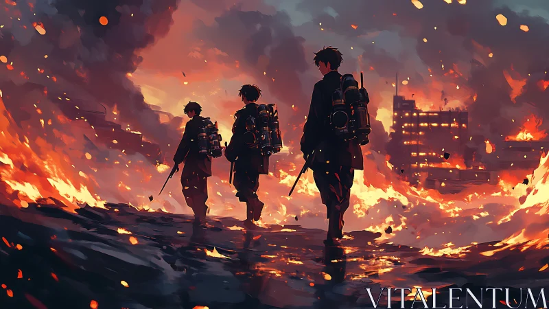 Silhouetted warriors crossing a burning cyberpunk ruin.