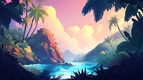 Tropical lagoon landscape with palm fronds and rocky formations