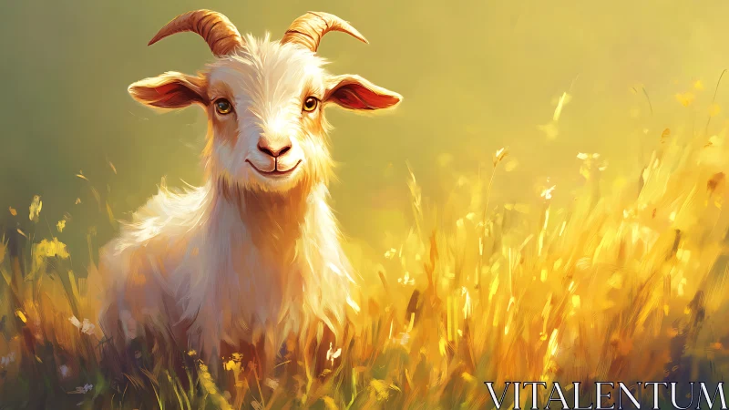Young white goat rests in golden meadow at sunrise
