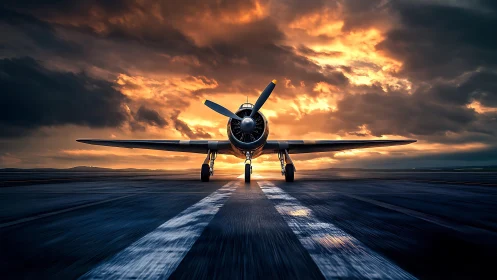 Vintage warplane poised on runway under blazing sunset sky.