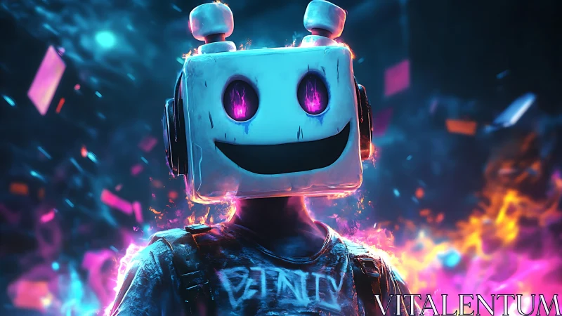 Neon robot-headed friend smiles amid glowing cyber sparks
