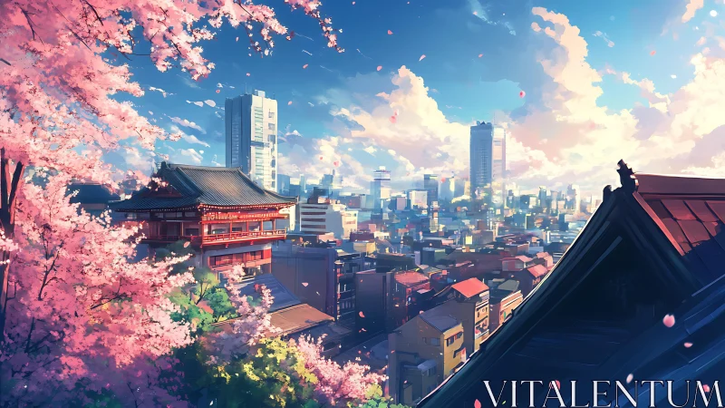 Spring cherry blossoms embracing a sunlit city skyline.