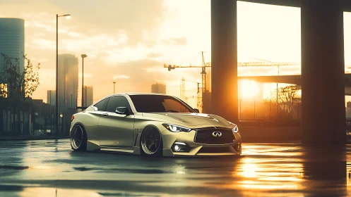 Low-slung Infiniti coupe under cinematic urban sunrise glow.