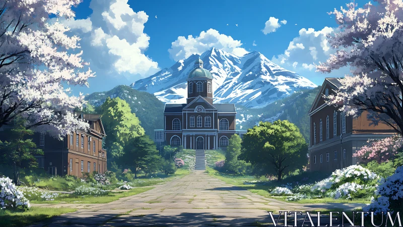 Mountain academy awakens beneath cherry blossom daylight.