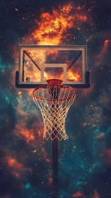 Galactic basketball hoop framed by blazing nebula sky.
