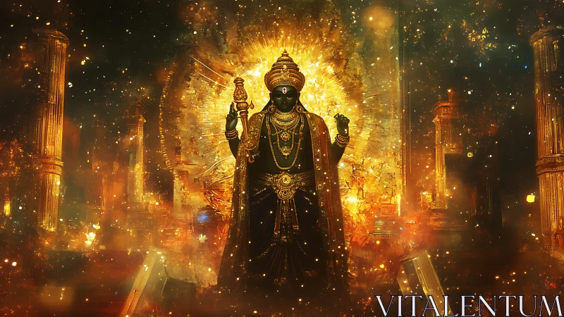 Radiant Hindu deity stands amid blazing cosmic golden aura.