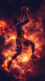 Basketball player midair jump shot in fiery digital scene.