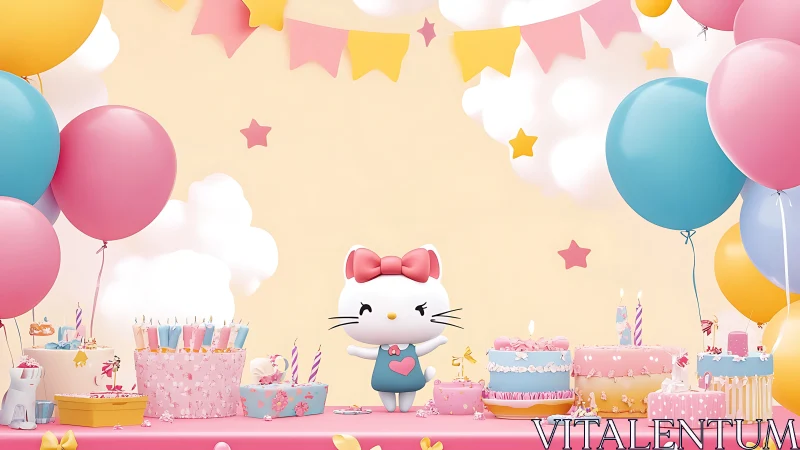 3D Birthday Party Scene with Anthropomorphic Cat Character