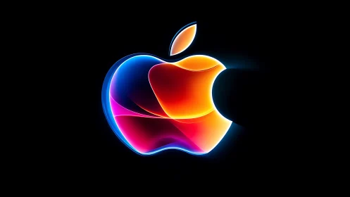 Neon apple logo glows with layered gradient light arcs.