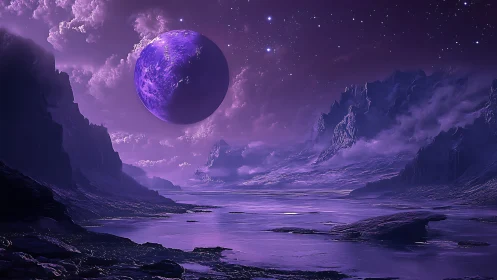 Violet alien coastline under looming planet and stars.