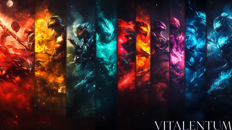 Elemental warriors ignite a neon storm across the void.