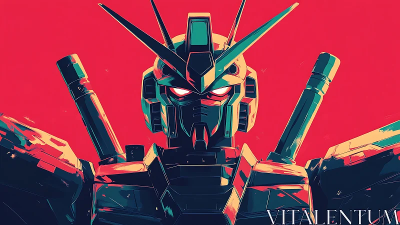 Neon mecha portrait glows against bold crimson backdrop.