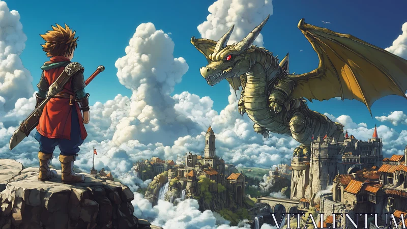Young warrior confronting dragon above cloud city.
