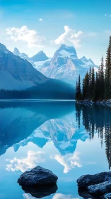 Snow peaks reflect in glassy alpine lake at blue dawn