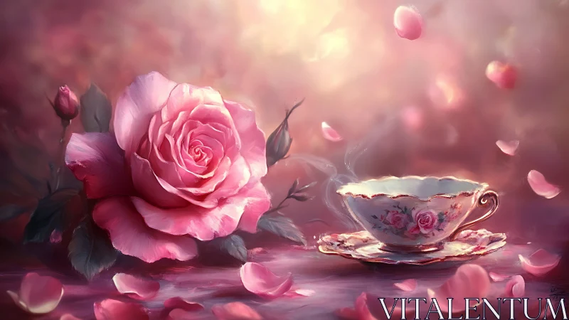 Pink rose and floral teacup with scattered petals arrangement.