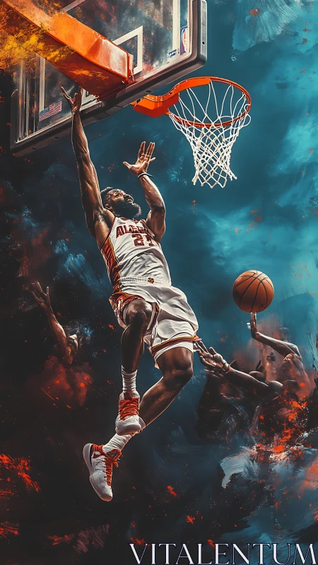 Kinetic basketball dunk in atmospheric digital motion field.