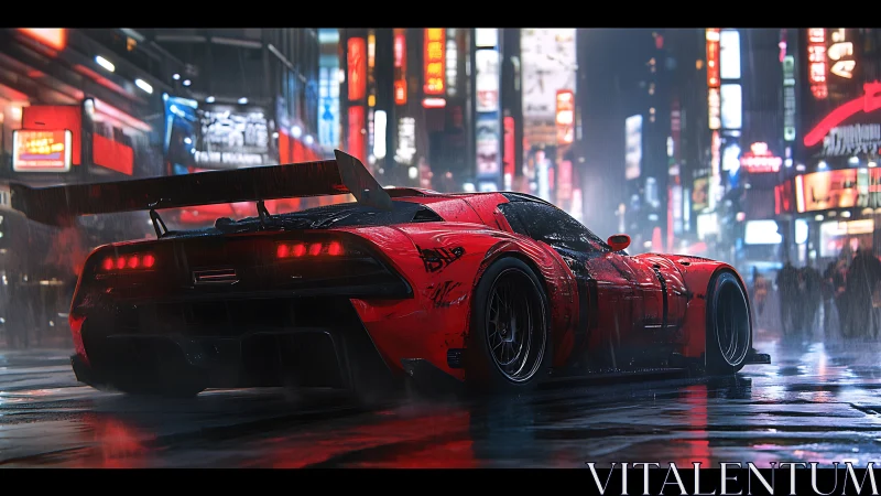 Streetlit red supercar idling in a neon soaked night rain.