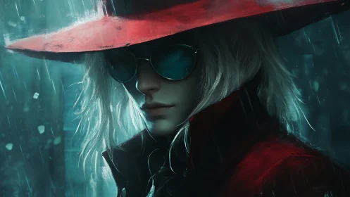 Mysterious white haired figure in red coat and wide hat.