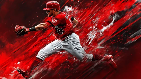 Blazing red baseball sprint frozen in swirling motion storm.