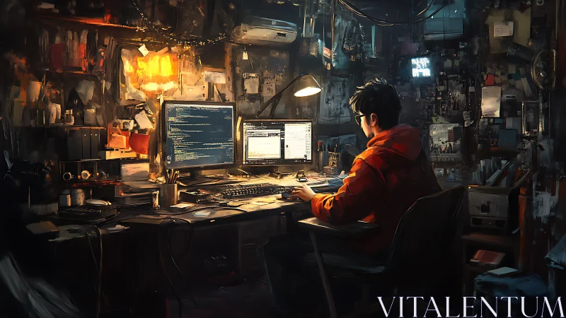 Late night coder glows in a cluttered, creative workspace