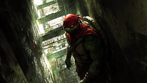 Mutated turtle warrior in narrow, weathered urban passage.