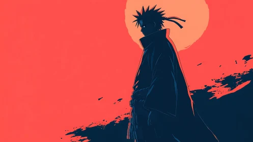 Silhouetted figure stands before circular sun on flat field