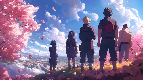 Five anime characters stand on hilltop under cherry blossoms