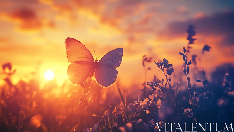 Butterfly in a Meadow at Sunset in Soft, Dreamy Style.